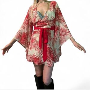 Red and cream fairycore style tropical printed wrap dress kimono cardigan SM